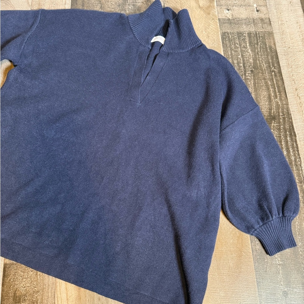 Avara Navy‎ Mock Neck Sweater Puff Sleeve Knit Top Small Coastal Chic Minimalist